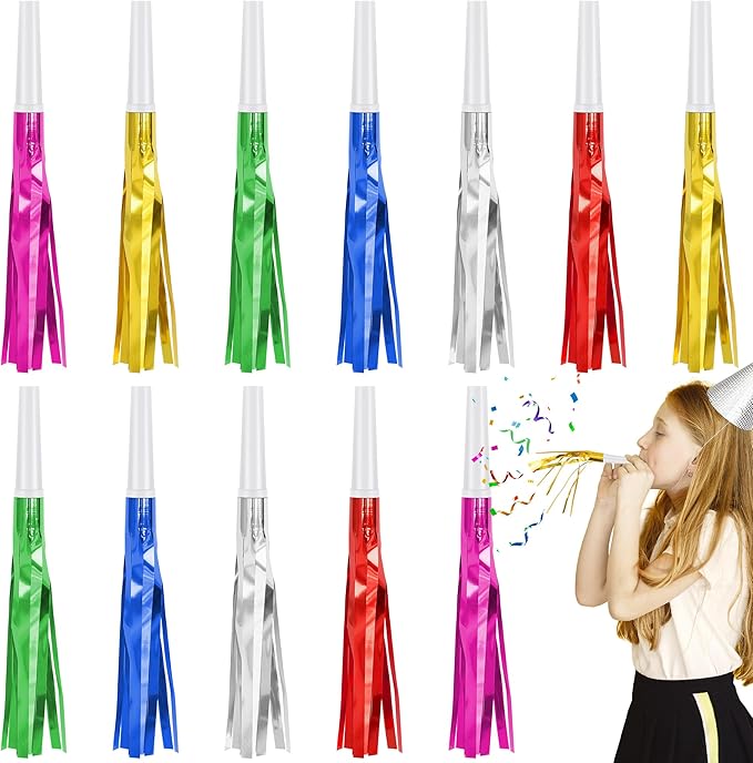 12 Pcs Glitter Noise Makers Metallic Fringed Party Blower for Adults Birthday Graduation New Years Party Favors Supplies (Colorful)
