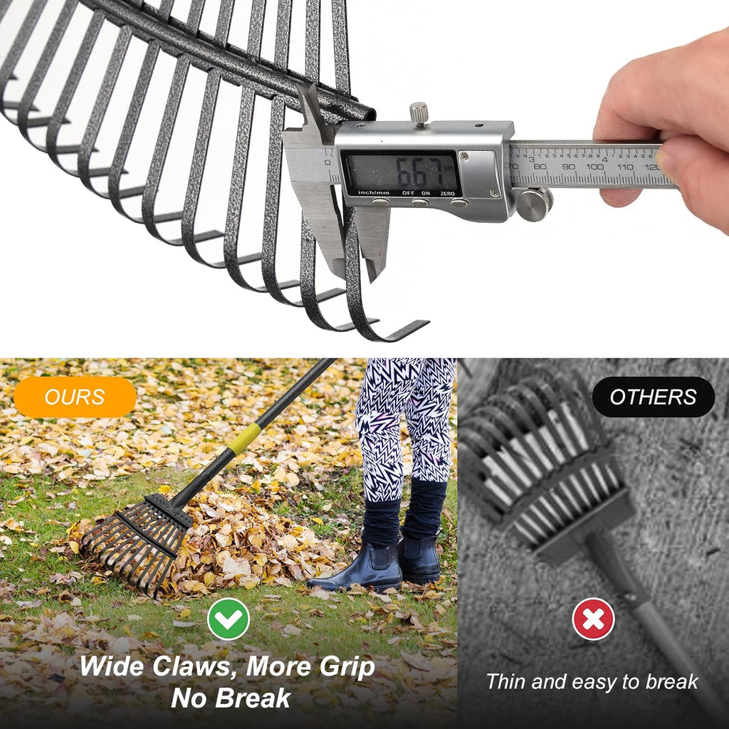 73" Leaf Rake- 11 Metal Tines 8.5" Wide- Small Leaves Rakes for Gardening- Adjustable Metal Leaf Rake for Picking Leaves Yard Women Kids Gardening RV Camping