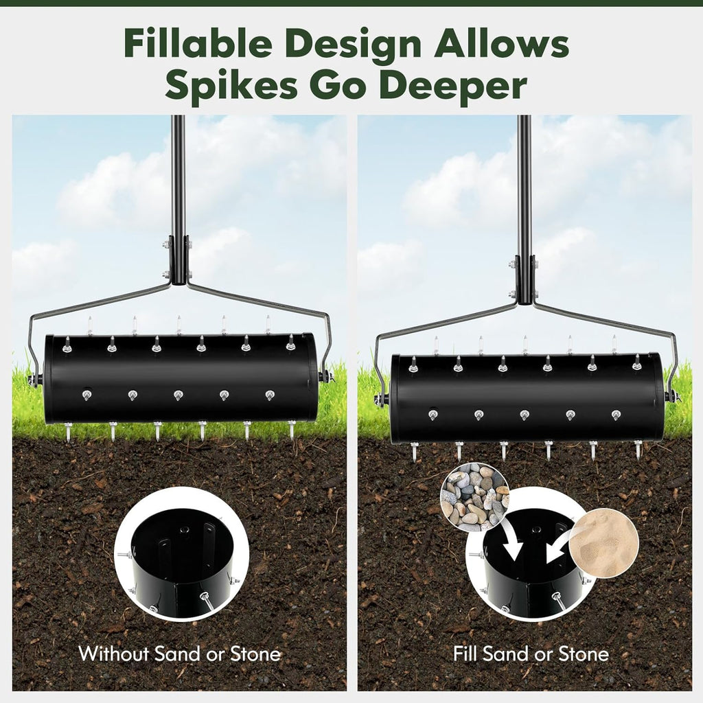 S AFSTAR 21" Manual Lawn Aerator, Heavy Duty Rolling Aerator Lawn Tool Filled Sand Stone with 51" Detachable Handle & Tine Spikes for Soil Loosening, Push Grass Aeration for Garden Yard, Black