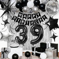 39th Birthday Decorations for Men Women, Black Silver Happy Birthday Party Decorations， 39 Year Old Party Supplies with Number 39 Balloons, Banner, Fringe Curtains Kit
