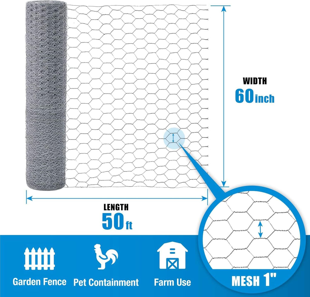 Fencer Wire 20 Gauge Chicken Wire Fence, Galvanized Poultry Hexagonal Netting Crafting, Chicken Coops & Rabbit Rodent Cage, 1-Inch Hex Grid (5 ft. x 50 ft.)