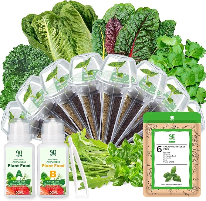 Herb & Salad Greens Seed Pods for All Hydroponics Growing Systems, 8 Pods with 600+ Seeds of Basil, Cilantro, Romaine, Kale, Arugula and Swiss Chard