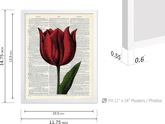 Poster Master Dictionary Art Poster - Tulip Print - Red Flower Art - Floral Art - Gift for Men, Women & Florist - Minimal Decor for Living Room, Bedroom, Dorm or Flower Shop, 11x14 White Framed