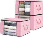 Fab totes 3 Pack Clothes Storage, Foldable Thick Fabric Blanket Storage Bags, Containers for Organizing Bedroom, Closet, Clothing, Comforter,Organization with Handle,Pink