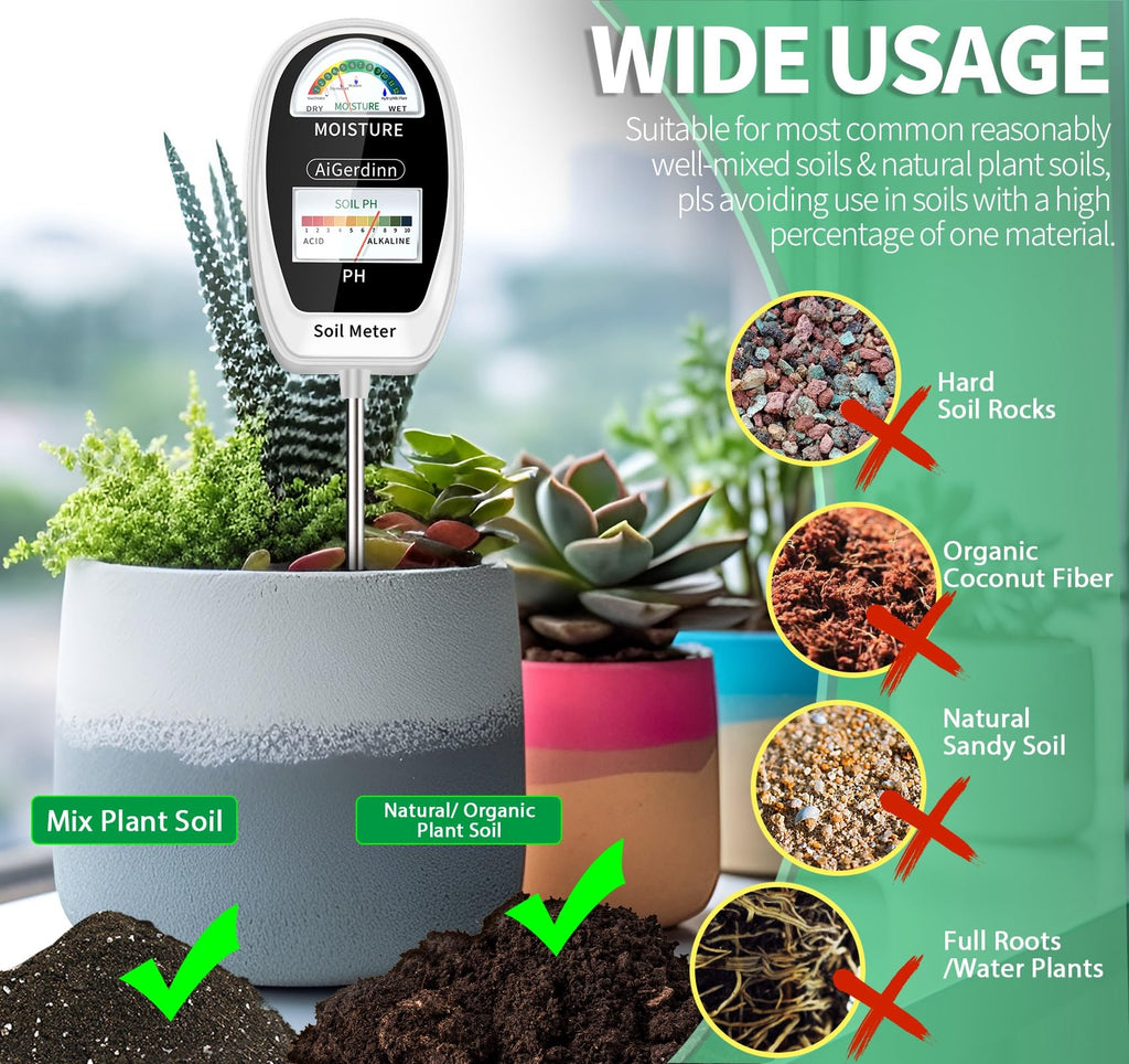 AiGerdinn Soil Test Kit, 2-in-1 Soil Moisture Meter, Soil pH Meter -Dual Dial-Simultaneously-Display Results-Soil pH Tester, Moisture Meter for Garden,Lawn,Farm Indoor&Outdoor Plants-PureWhite