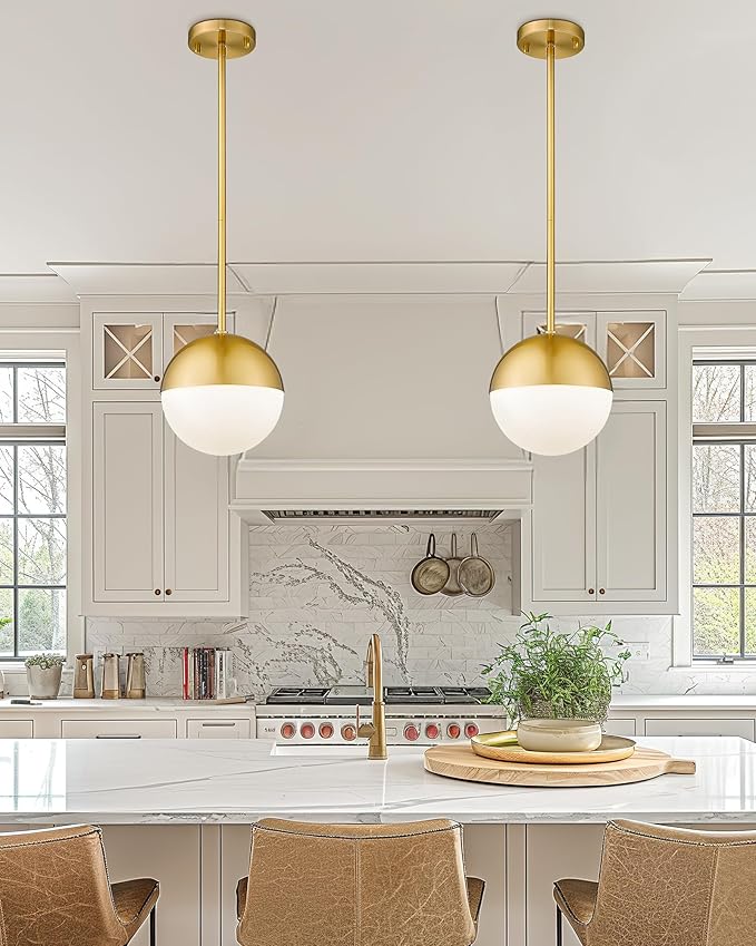 LMS 8 Inch Mid Century Pendant Lights, Brushed Gold Kitchen Island Light Fixtures with White Globe Glass Shade, Adjustable Hanging Rod, 3-Pack for Home Office Dining Room Bathroom, LMS-186BG3PK