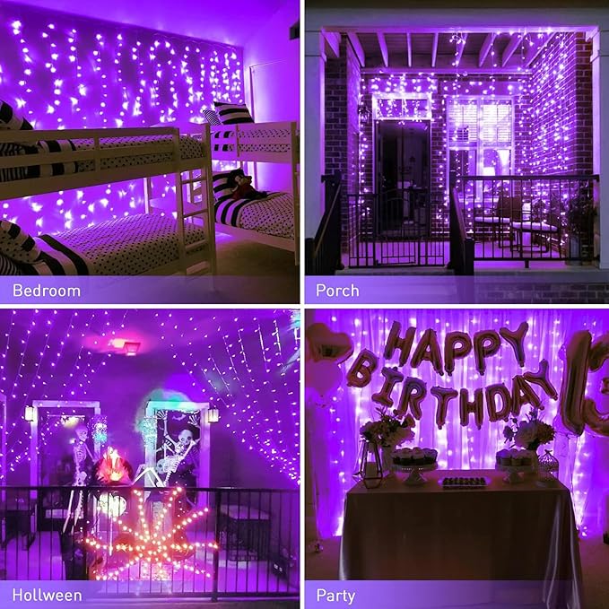 JMEXSUSS 300LED Purple Halloween Lights with Remote, Curtain Hanging Light Plug in, 8 Modes Purple String Lights for Bedroom Window Wall Party Backdrop Christmas Halloween Decorations