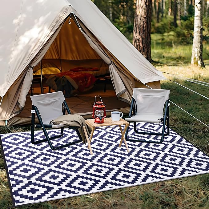 OLANLY Waterproof Outdoor Rug 9x18 ft, Outdoor Plastic Straw Rug for Camping, RV Mat Outside, Indoor Outdoor Carpet for Porch, Deck, Backyard, Balcony, Picnic, Navy & White