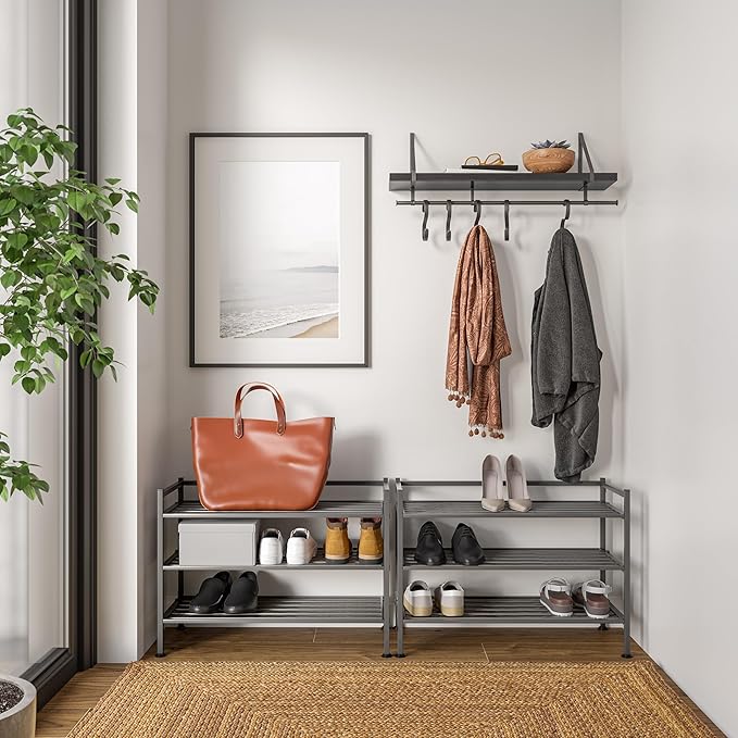 Seville Classics Sturdy Freestanding Storage Shelf for Bedroom, Closet, Entryway, Dorm Room Organizer Stackable Durable Metal Shoe Rack Ash Gray Slat, 3-Tier