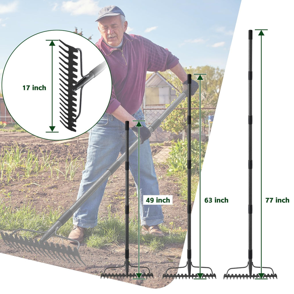 63'' Bow Rake ，17 Tines Metal Head Rakes with Stainless Steel Handle，Heavy Duty Garden Rake for Loosening Soil Gathering Leaf Leveling Lawn Farming Land Management Yarn Thatch Rake
