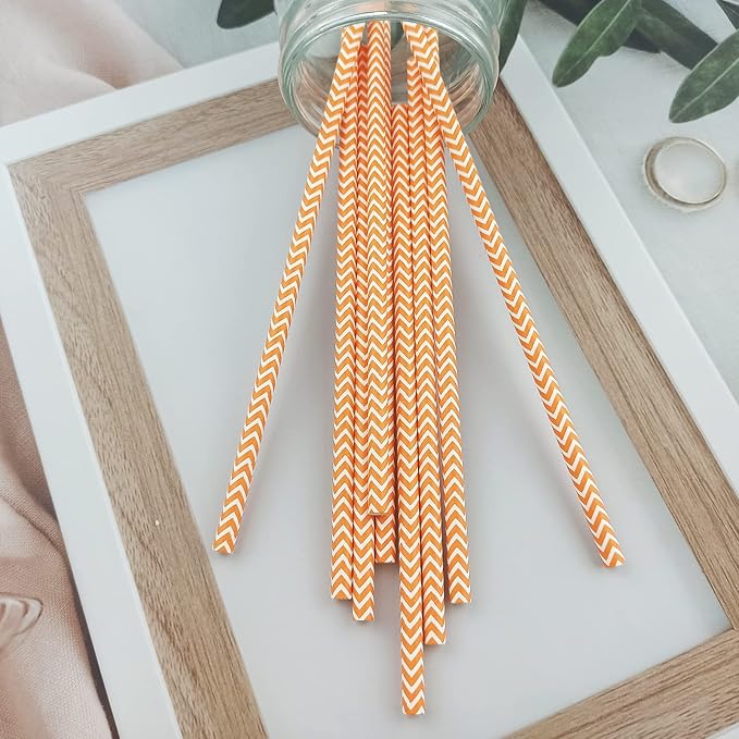 YAOSHENG Premium Disposable Waves Striped Drinking Paper Straws, Pack 100 Orange Waves Paper Straws for Cocktail Party Supplies,Birthday,Bridal/Baby Shower,Juice,Shakes (Orange Waves)