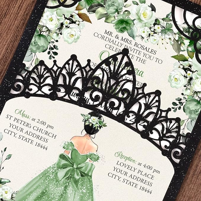 50Pcs Sage Green Crown Invitations for Quinceanera, 15 year, Sweet 16, Miss XV, Birthday Laser Cut Quince Invitation Cards Personalized Pearlized Black