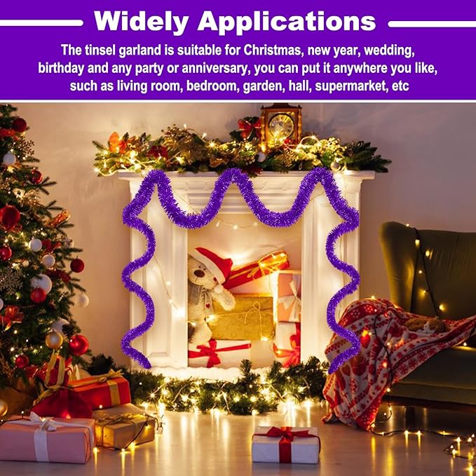 25 Feet Metallic Twist Tinsel Garland Wall Hanging Backdrop for Parade Floats, Christmas Eve, New Year, Valentine's Day Party Decorations (Purple, 4in x 25ft)