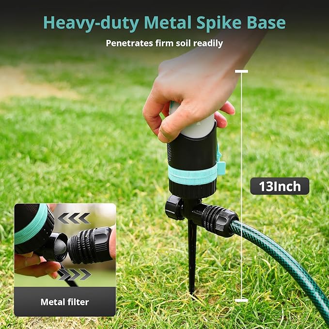 QUOBAS Sprinkler for Yard, 4 Spray Modes, 360° Adjustable Rotation, Heavy Duty Metal Spike with Built-in Filter, Water Diameter up to 50ft for Garden Plant, Flower Bed and Large Yard Area