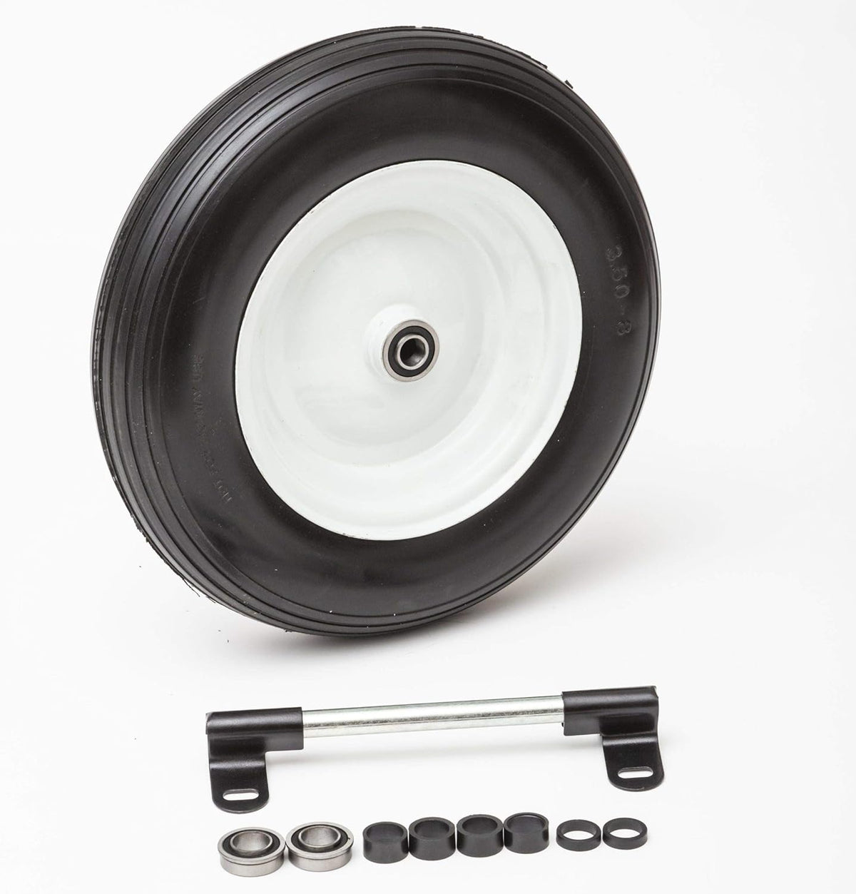 Flat Free Universal Wheelbarrow Replacement Tire | Complete Wheel Assembly | White Rim and Ribbed Tread | 14" Wheel | Adapter Kit Included