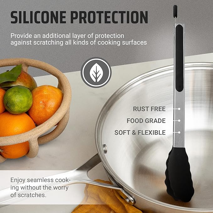 Kaluns Kitchen Tongs for Cooking Grilling Set of 4, BBQ Grill Tongs With Silicone Tip Stainless Steel Heat Resistant, Non-stick Pull Lock, Incl 7, 9, 12 Inch Tong Plus a Silicone Spatula