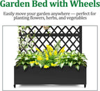 Metal Raised Garden Bed with Trellis and Wheels, 2 in 1 Trellis with Planter Box & Privacy Screen for Climbing Plants, Outdoor Standing Flower Beds with Drainage Holes, 35.4"L x 15.7"W x 70.9"H, Black