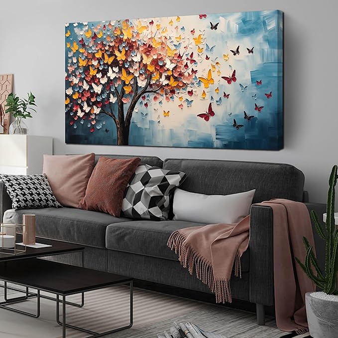 Butterfly Tree Canvas Wall Art for Living Room Bedroom Home Office Blue Colorful Tree of Life Wall Art Modern Large Framed Canvas Prints Size 29x59