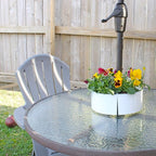 AuldHome Design Umbrella Planter for Patio Table w/Umbrella Hole (White), Enamelware Half-Circle Planter Pots