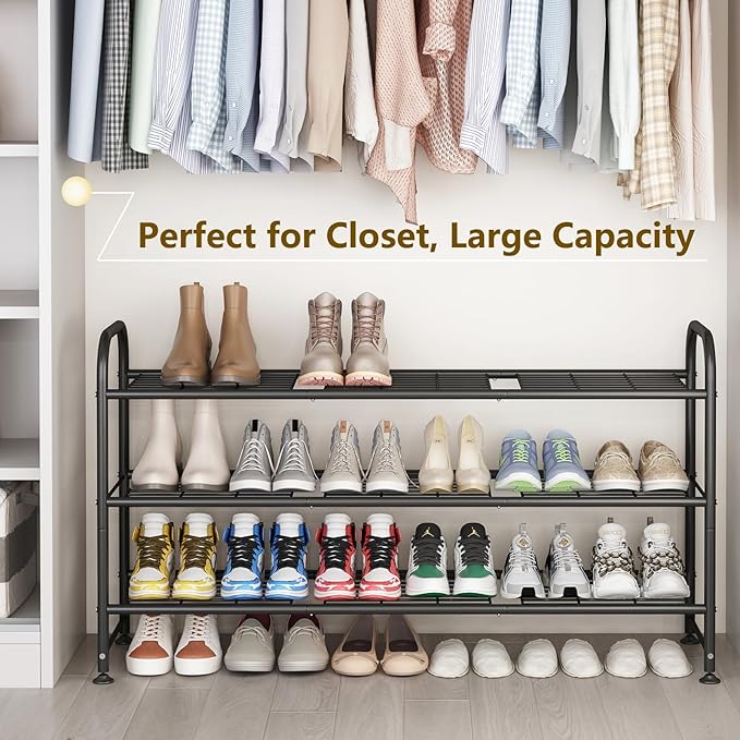 LINZINAR Shoe Rack 3 Tier Long Metal Shoe Organizer for Closet Entryway Black