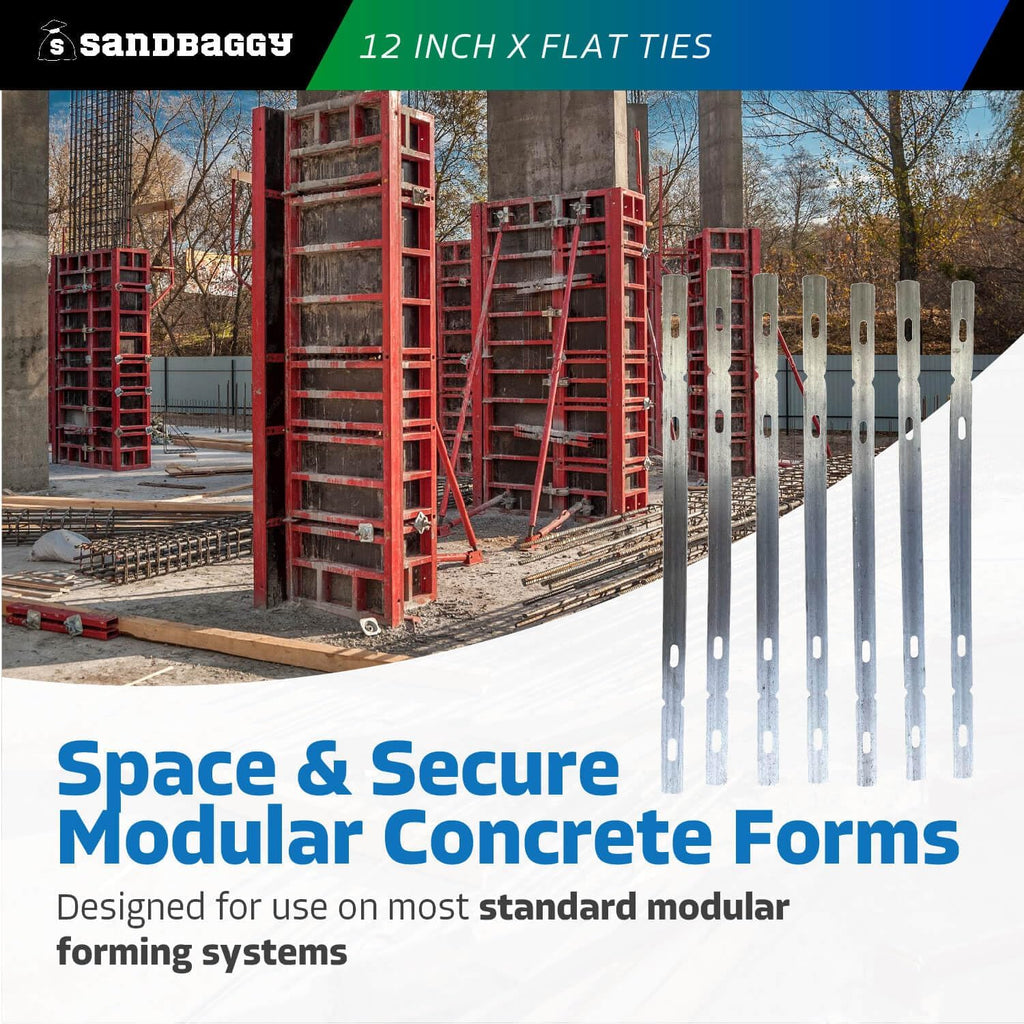 Sandbaggy 12" X Flat Ties for Concrete Forms - 11 Gauge Steel - Wall Ties Compatible with Standard Wedge Bolts - Space and Secure Modular Concrete Forms (12 inch Walls, 100, Count)