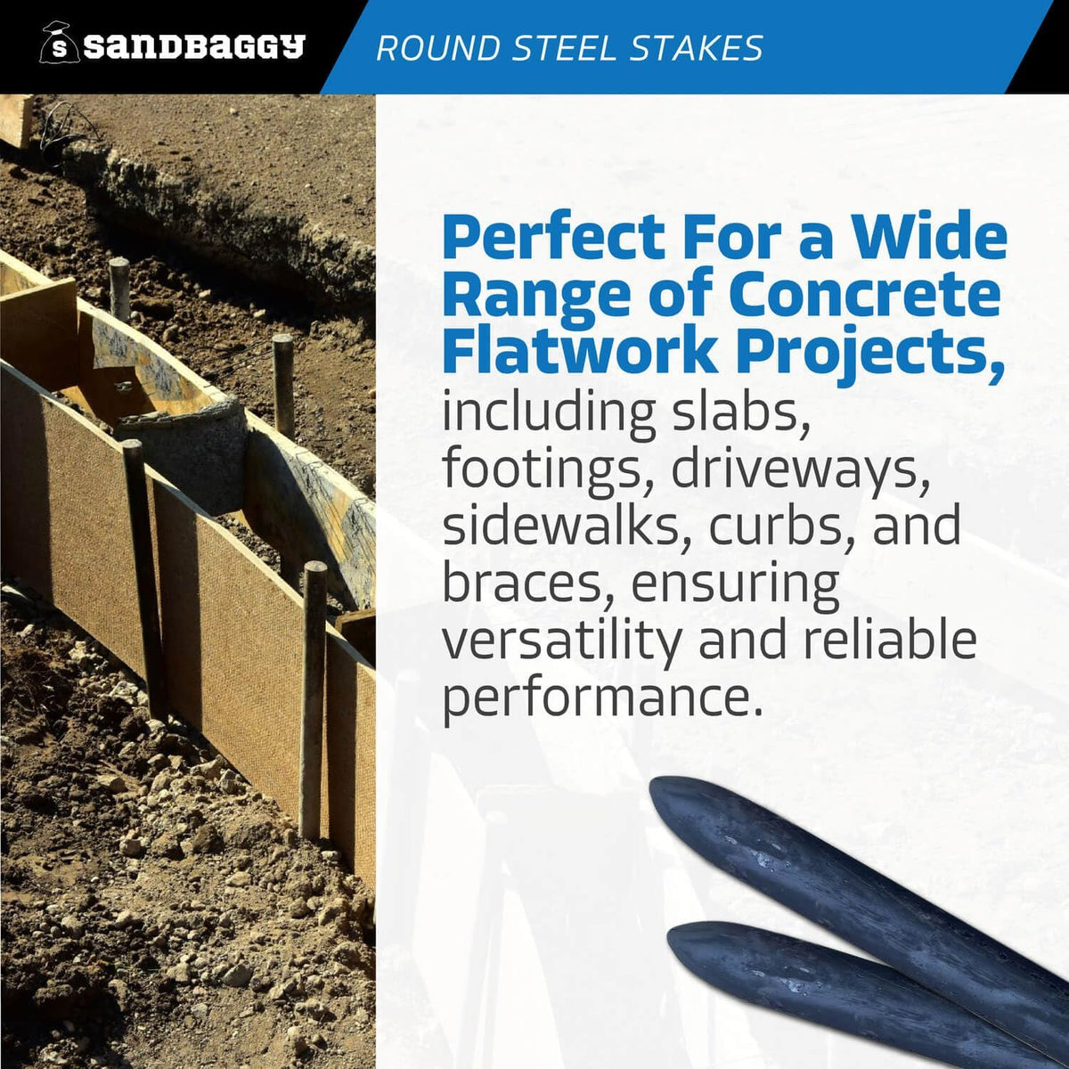 Sandbaggy Round Steel Concrete Form Stakes with Nail Holes - Rust Resistant Coating - Removable, Reusable (10, 3/4 in X 12 in)