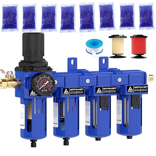 1/2 Inch NPT Air Dryer for Compressor,4 Stage Air Drying System,Brass Filter, Coalescing Filter,Double Desiccant Dryers & Air Regulator,Metal Bowl,Semi-Auto Drain,Industrial Grade(Blue)