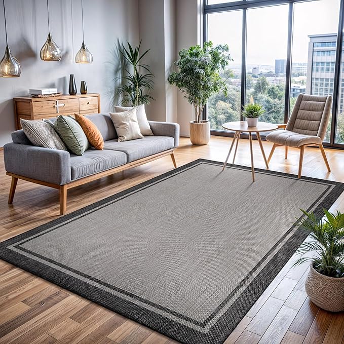 CAMILSON Indoor Outdoor Rug, 5x7 Bordered Gray Modern Area Rugs for Indoor and Outdoor Patios, Kitchen and Hallway Mats, Washable Porch Deck Outside Carpet (Bordered Grey, 5 x 7)