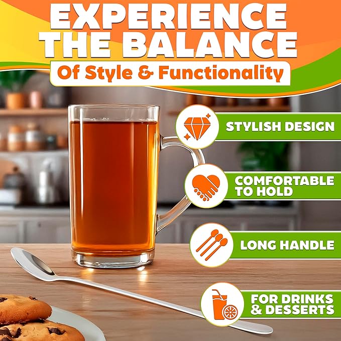 Ice Tea Spoons Long Stainless Steel Set of 8 – 9″ Iced Tea Spoons Long Handle with Classic Elegant Design – Rust-Resistant & Dishwasher Safe | For Milkshakes, Cocktails, Desserts & Tall Glass Drinks