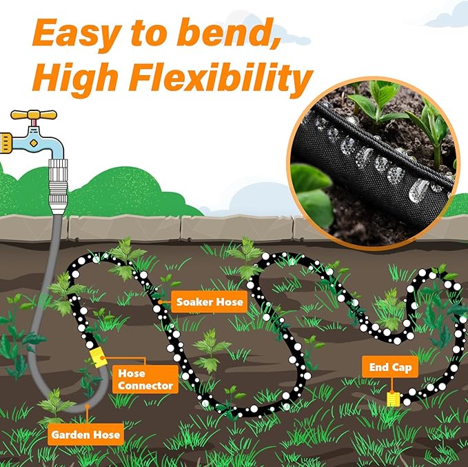 TigeJoy 150FT Flat Soaker Hose, Heavy Duty Double Layer Garden Watering Hose, Flexible Leakproof Drip Irrigation Hose for Raised Beds, Lawns & Vegetables, Save 80% Water