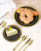100PCS Black Plastic Plates Set with Gold Rim, 50 10.25 inch Dinner Plates and 50 7.5 inch Dessert Plates, Premium Disposable Plates forfor Party, Wedding, Holiday,And Halloween