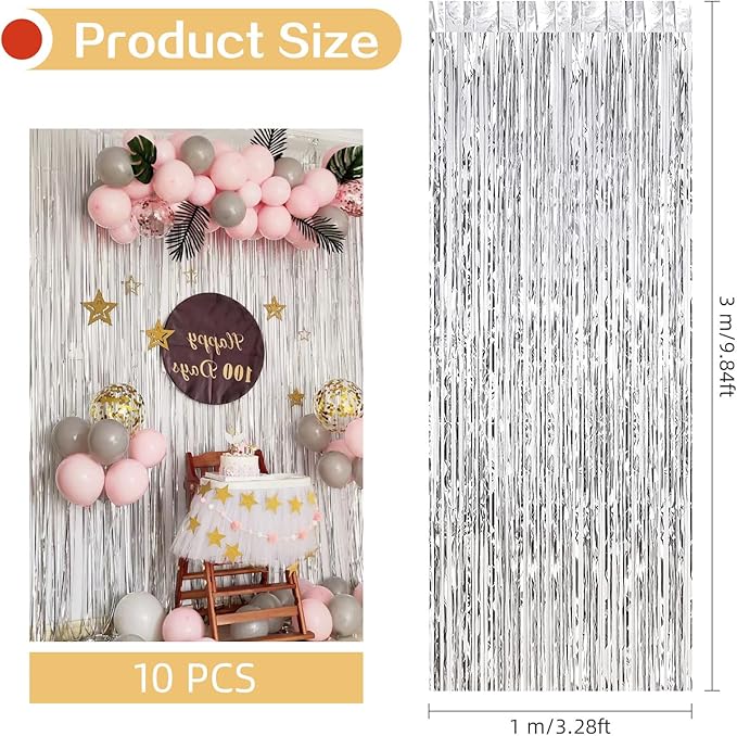 10 Pack Silver Foil Curtain Backdrop 3.2ft x 9.8ft Metallic Tinsel Foil Fringe Curtains Streamer Photo Booth Backdrop for Birthday Party Engagement Bachelorette Party Decorations (Silver)