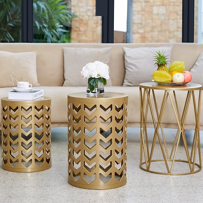 Y&M Nesting Side Table, Set of 3 Stacking Coffee Tables for Living Room End Tables, Outdoor Decorative Garden Stool with Heavy Duty Modern Industrial Decor - Gold (Ship from US)