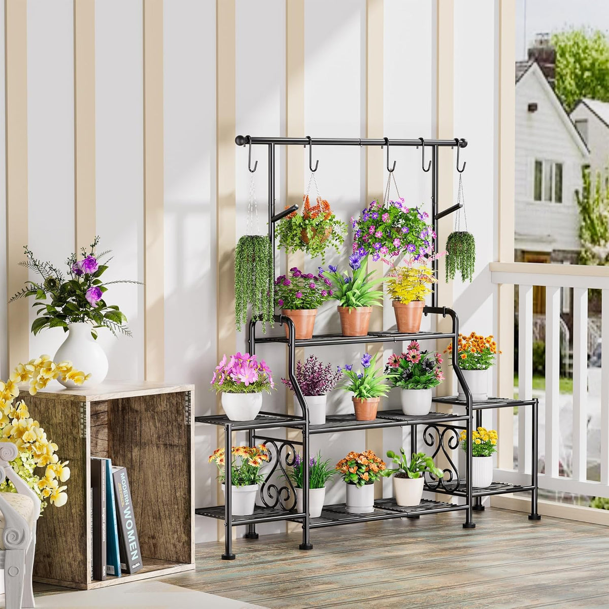 GIOTORENT 3-Tier Tall Metal Plant Stand Indoor Outdoor - Heavy Duty Plant Shelf for Garden, Patio, Balcony with 5 Hanging Hooks, Holds 16-25 Plants, Black