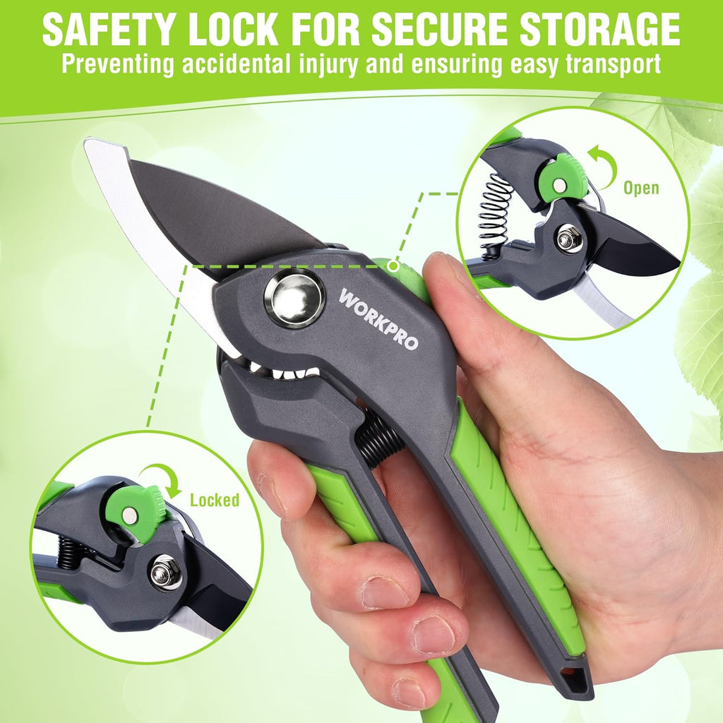 WORKPRO 8.5" Bypass Pruning Shear, Heavy Duty Garden Scissors & Clippers with Labor-Saving Design, Handheld Gardening Shears with Sharp Blade for Branch Trimming and Floral arrangement