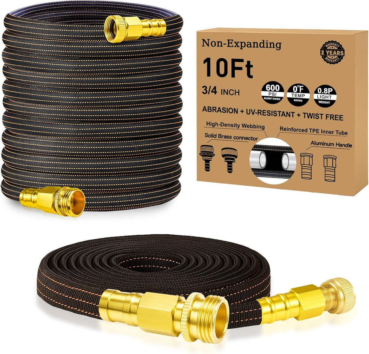 10FT Lightweight Garden Hose,Flexible Water Hose with Solid Brass Head,Kink-Free,Collapsible Hose,High Pressure Flat Water Hose for RV,Boat,Car Wash,Garden,Yard,Camper,Outdoor (OrangeBlack, 10 feet)