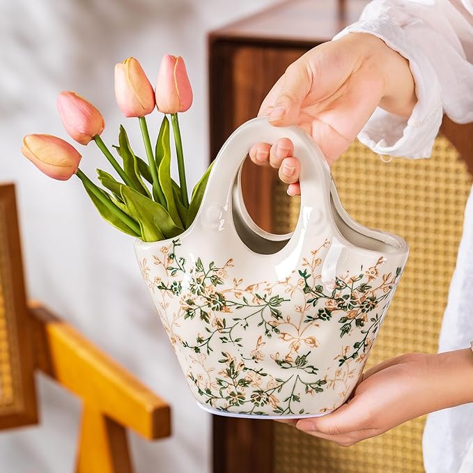 Ceramic Purse Vase for Flowers, Cute Handbag Vases, Vintage Green and Beige Floral Vase, Rustic Farmhouse Vases for Living Room, Kitchen, Bedroom, Table Centerpiece, Chinoiserie and Tuscan Decor 9 in