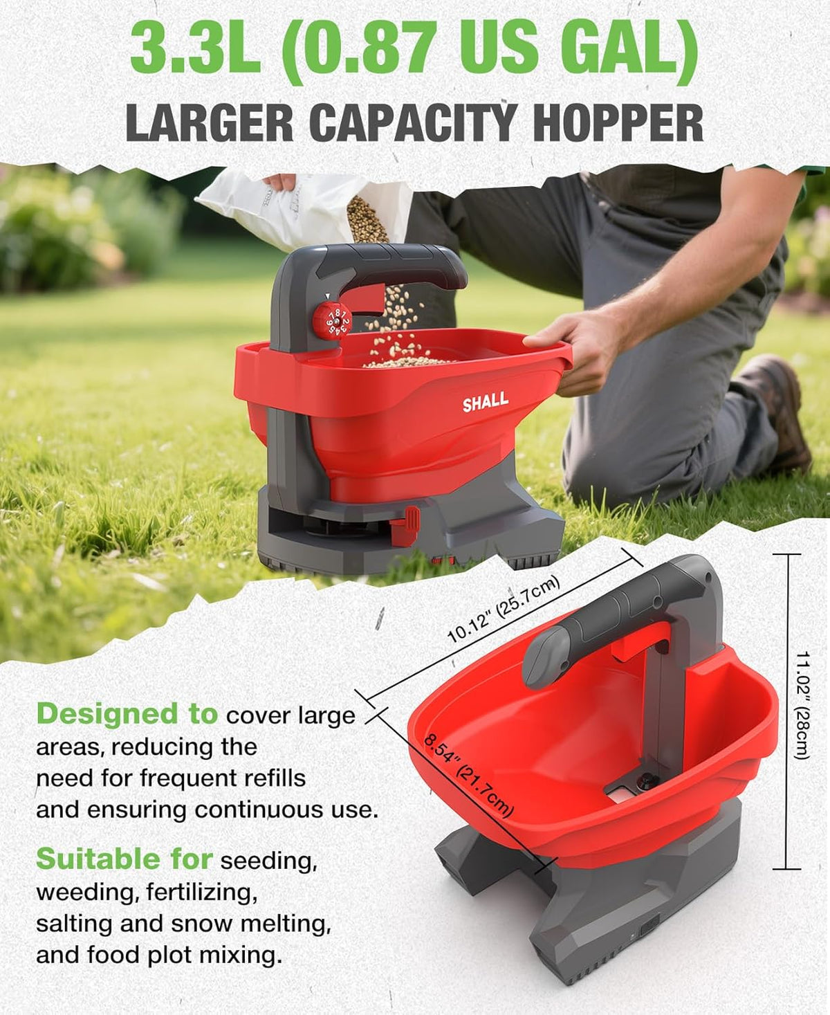 SHALL Battery Powered Fertilizer Spreader, 7.2V Rechargeable Seed Spreader for Salt, De-Icer, Earth Food, Grass Seed, 8-Level Settings and 3.3L Large Capacity Spreading up to 6458 sq.ft