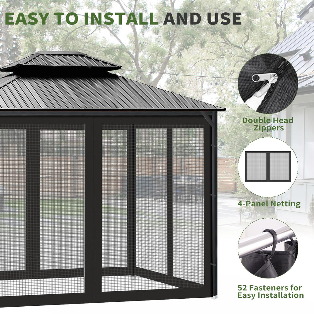 Gazebo Universal Replacement Mosquito Netting, 10' x 10' Outdoor Canopy Net Screen 4-Panel Sidewall Gazebo Curtains, with Zippers, Easy to Install, Fit for Most Gazebos 10x10 Canopy，Patio （Black）