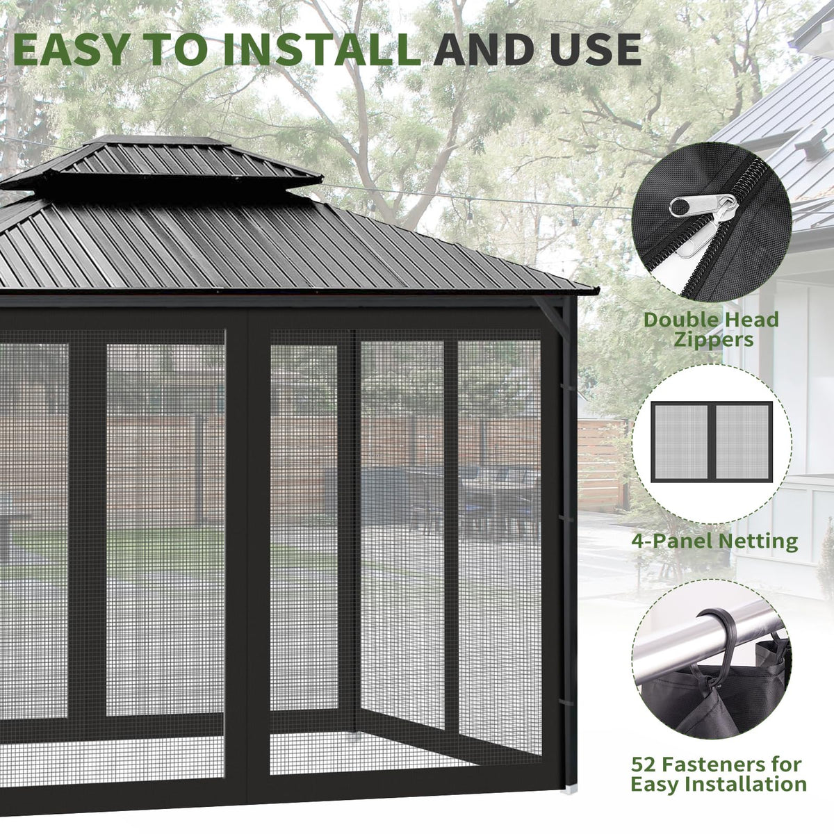 Gazebo Universal Replacement Mosquito Netting, 10' x 10' Outdoor Canopy Net Screen 4-Panel Sidewall Gazebo Curtains, with Zippers, Easy to Install, Fit for Most Gazebos 10x10 Canopy，Patio （Black）