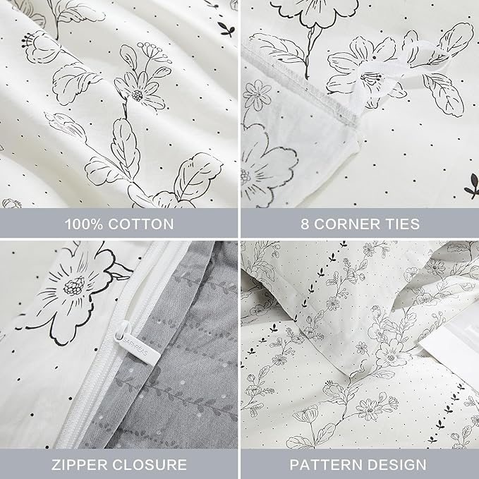 SAPHREAS Grey Floral Pattern Duvet Cover Set Twin Size 2pcs Bedding Comforter Cover Set 100% Cotton 1 Duvet Cover 68"x90" 1 Pillow Sham, Comforter Not Included