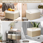 Large 17" 42 Quarts Collapsible Stackable Storage Bins with Lids [3-Pack] Foldable Fabric Linen Storage Boxes Cube, Closet Organizer Baskets with Label (16.7 x 12 x 12", Beige & White)