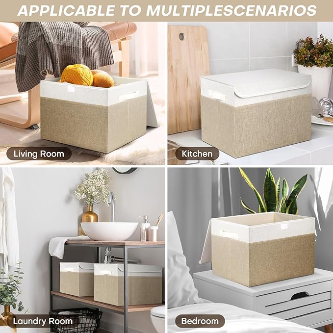 Large 17" 42 Quarts Collapsible Stackable Storage Bins with Lids [3-Pack] Foldable Fabric Linen Storage Boxes Cube, Closet Organizer Baskets with Label (16.7 x 12 x 12", Beige & White)