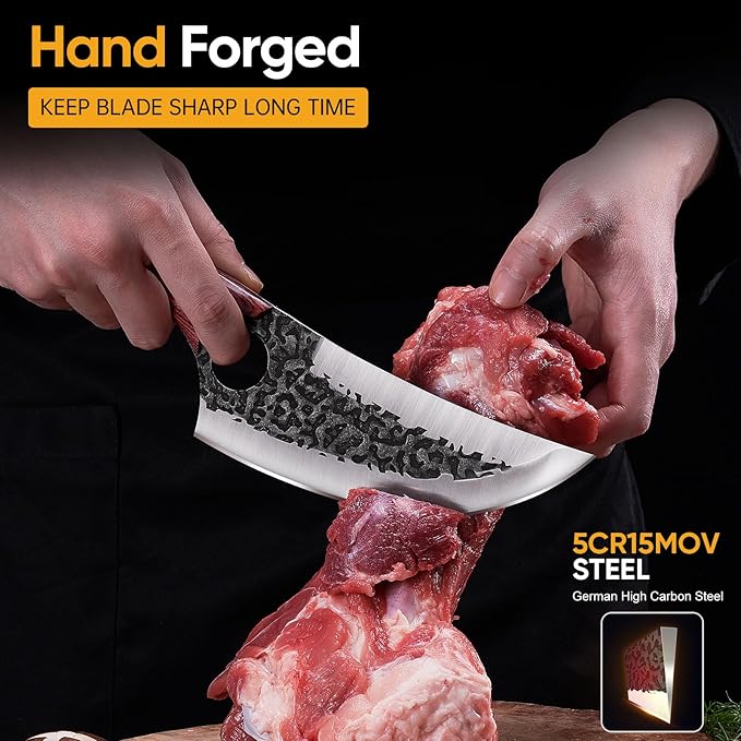 Butcher Knife Set, 3PCS Hand Forged Meat Cleaver, Sharp Serbian Chef Knife & Kitchen Knives & Viking Knives Set for Meat Cutting, Boning Knives for Home、Camping、BBQ Gifts Idea Men