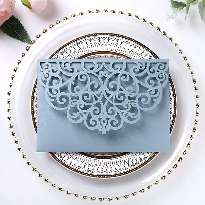 PONATIA 5.12 x 7.2 Dusty Blue Laser Cut Invitation Pocket, 20PCS Tri-Fold 5 x 7 Laser Cut Wedding Invitation Pockets with Envelopes for Wedding Bbay Shower Birthday Sweet 16 Invite (No Inner Sheet)