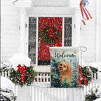 Welcome Winter Garden Flags Golden Doodle Garden Flag Cardinal Birds on Snowy Pine Tree Flag Dog Yard Flags for Outside 12x18 Double Sided Christmas Decorative Lawn Flags