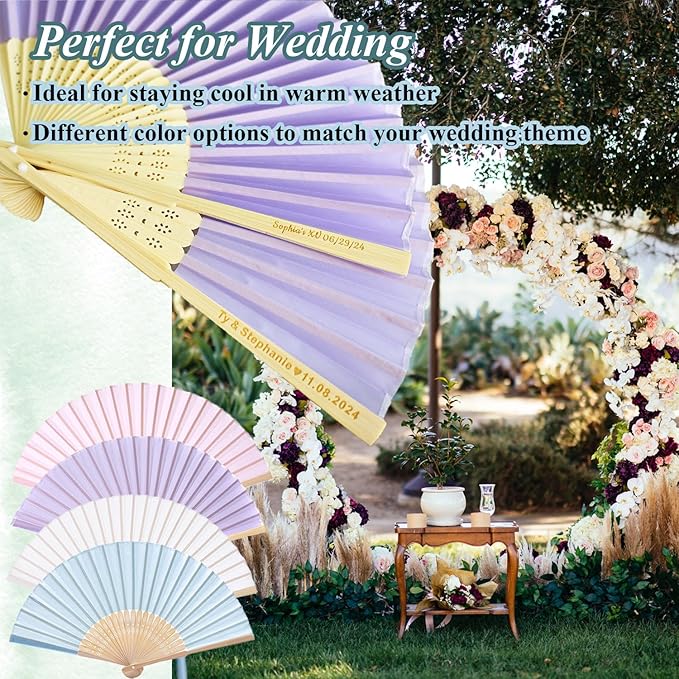 200 Pcs Personalized Purple Wedding Fans for Guests Bulk, Custom Hand Fans Decorative Folding Fans, Wooden Fans Party Favor Birthday Party Supplies Bridal Shower Gifts Baby Shower Favors