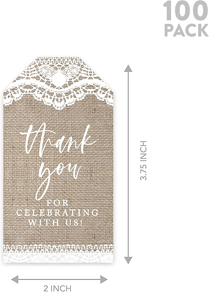 Andaz Press 100-Pack Thank You for Celebrating with Us Favor Tags Burlap Lace Cardstock Gift Tags with Bakers Twine for Wedding Baby Shower Bridal Shower Birthday Party Favors 2 x 3.75-Inches