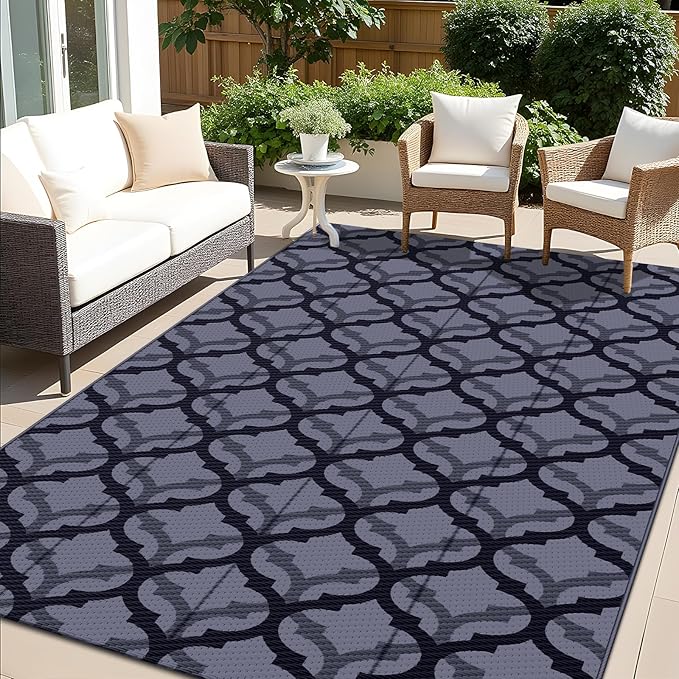 OLANLY Reversible Outdoor Rug 5x8 ft Clearance, Waterproof Outdoor Plastic Straw Rug with Interlacing Pattern, RV Mat for Patio, Camping, Balcony, Deck, Backyard, Black & Grey