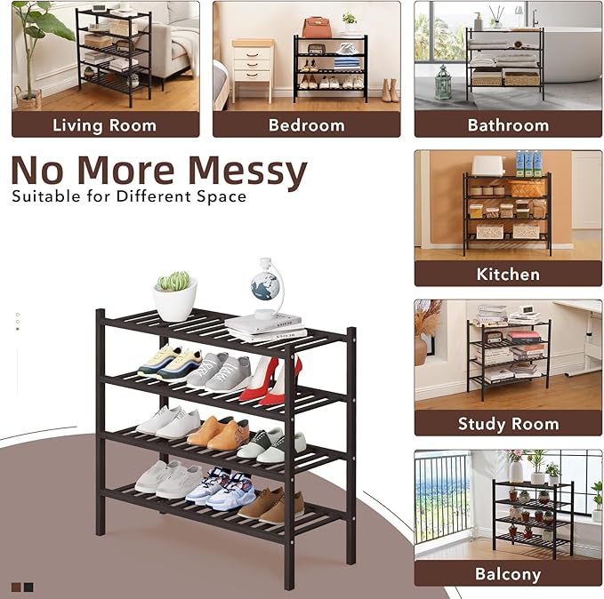 4 Tier Bamboo Shoe Rack Storage Organizer for Closet, Multifunctional Stackable Free Standing Shoe Shelf Organizer for Small Space,Entryway, Hallway, Bathroom27 x11 x26 (Brown, 4 Tier)